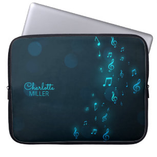 Housse Pour Ordinateur Portable Notes de musique bleu néon et nom personnalisé