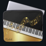 Housse Pour Ordinateur Portable Notes d'or élégantes, Touches de piano - Personnal<br><div class="desc">Elégante note de musique dorée avec touches piano sur arrière - plan noir et or avec votre nom.</div>