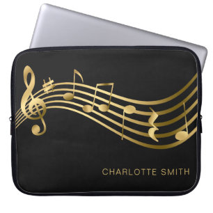Housse Pour Ordinateur Portable Notes d'or et de musique noire modernes