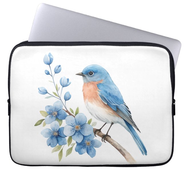 Housse Pour Ordinateur Portable Oiseau bleu avec des fleurs bleues (Devant)