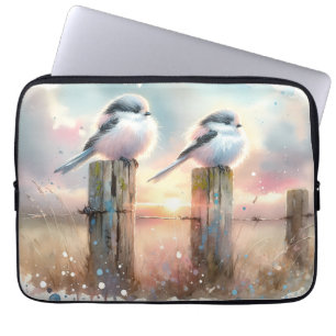 Housse Pour Ordinateur Portable Oiseaux à l'aquarelle pastel sur une clôture au co