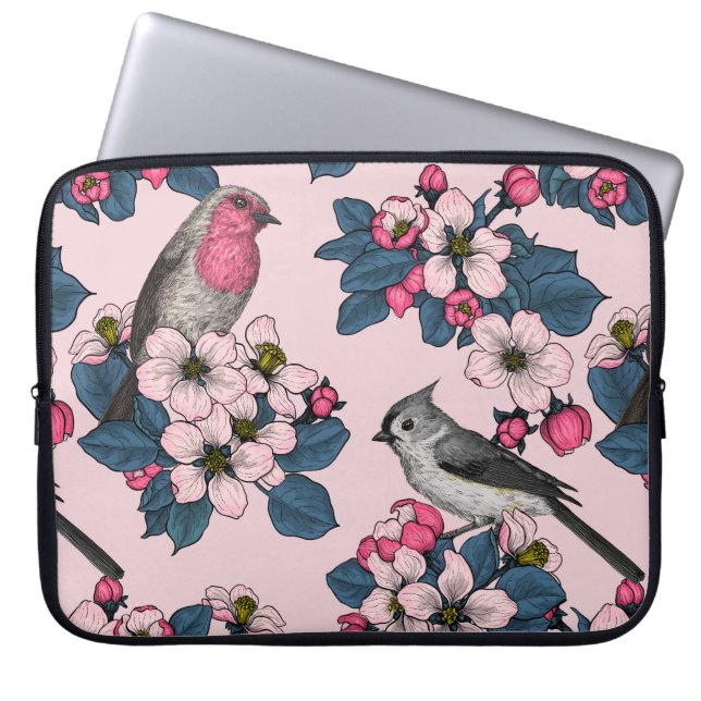 Housse Pour Ordinateur Portable Oiseaux et fleurs roses (Devant)
