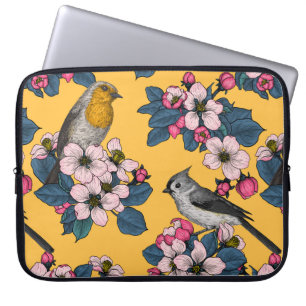 Housse Pour Ordinateur Portable Oiseaux et fleurs sur le jaune