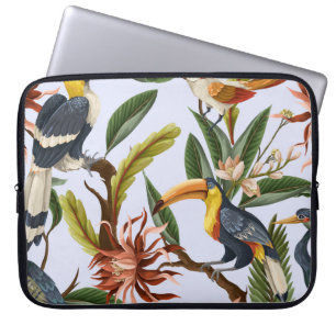 Housse Pour Ordinateur Portable Oiseaux & Fleurs : Motif Vintage tropical.