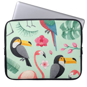 Housse Pour Ordinateur Portable Oiseaux tropicaux, fleurs, motif d'aquarelle.