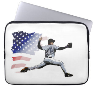 Housse Pour Ordinateur Portable On the Mound - Baseball Pitcher et drapeau américa
