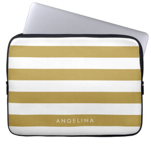 Housse Pour Ordinateur Portable Or et blanc moderne Motif rayé Nom personnalisé