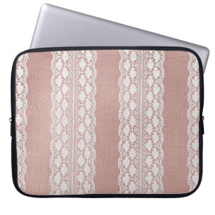 Housse Pour Ordinateur Portable Or rose métallique, texture dentelle blanc cassé.