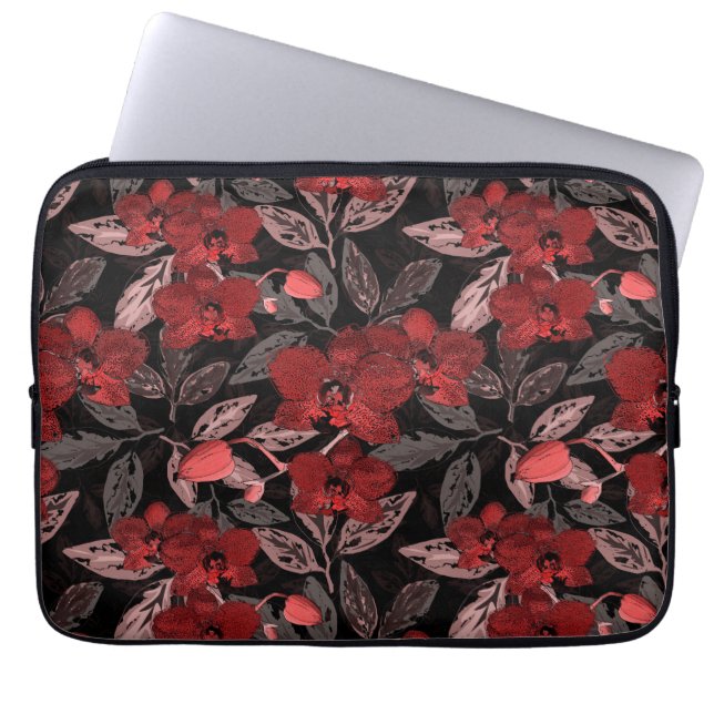 Housse Pour Ordinateur Portable Orchidées rouges sur noir. (Devant)
