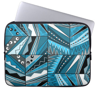 Housse Pour Ordinateur Portable Ornement ethnique bleu monochrome.