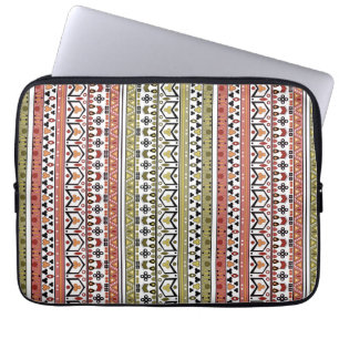 Housse Pour Ordinateur Portable Ornement ethnique géométrique olive et marron