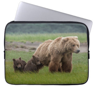 Housse Pour Ordinateur Portable Ours grizzly mère avec deux oursons