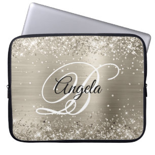 Housse Pour Ordinateur Portable Pailleté Platine Brosse Feuille Monogrammé