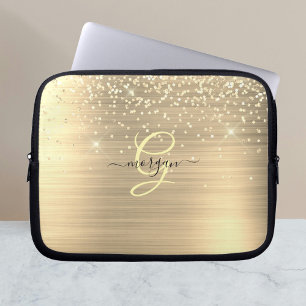 Housse Pour Ordinateur Portable Paillettes dorées & monogramme, nom en écriture no