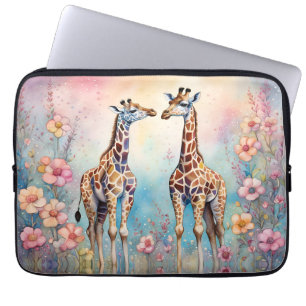 Housse Pour Ordinateur Portable Paire de girafes dans un jardin pastel