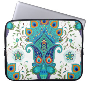 Housse Pour Ordinateur Portable Paisley orientale, motif en plumes paon.