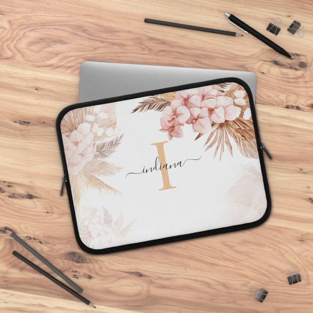 Housse Pour Ordinateur Portable Pampas Gris Monogramme Nom initial Script (Monogram Pampas Grass Script Initial Watercolor Laptop Sleeve)