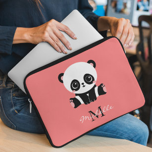 Housse Pour Ordinateur Portable Panda à assise mignonne Monogramme Saumon personna