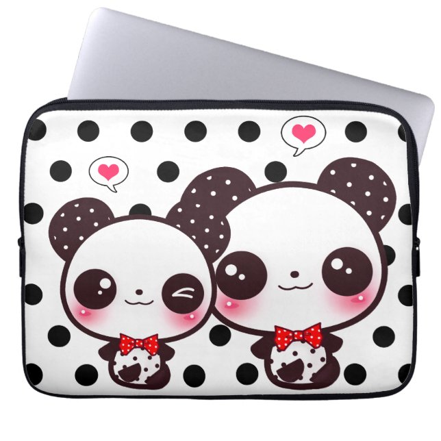Housse Pour Ordinateur Portable Pandas de Kawaii sur le pois noir (Devant)