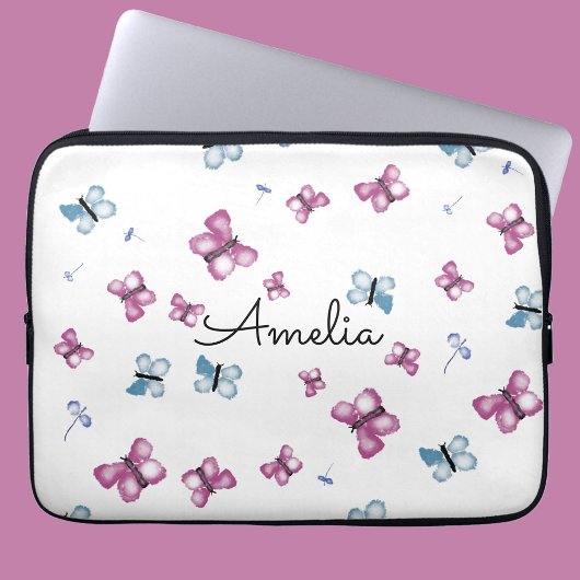 Housse Pour Ordinateur Portable Papillon bleu et rose à monogramme
