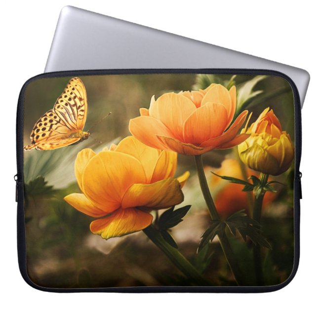 Housse Pour Ordinateur Portable Papillon orange et fleurs (Devant)