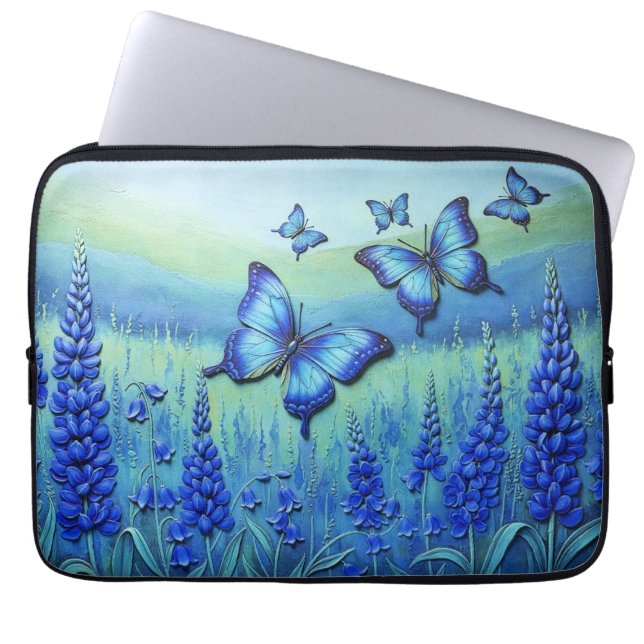 Housse Pour Ordinateur Portable Papillons bleus avec des fleurs bleues, (Devant)