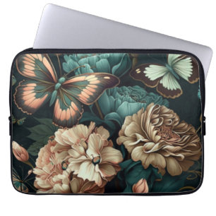 Housse Pour Ordinateur Portable Papillons et fleurs design classique foncé