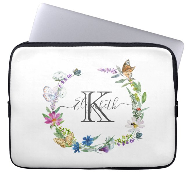 Housse Pour Ordinateur Portable Papillons Fleurs Calligraphie Script Monogramme  (Devant)