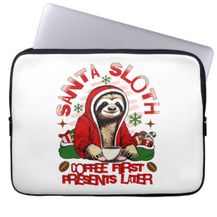 Housse Pour Ordinateur Portable Paresseux de Noël buvant du café