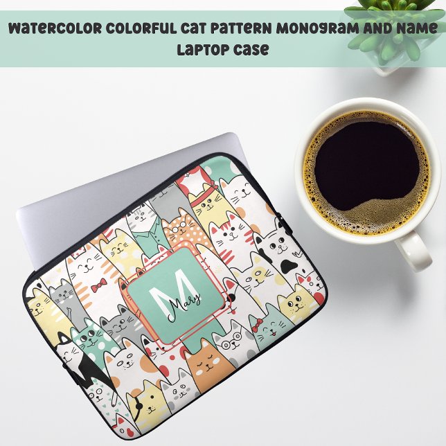 Housse Pour Ordinateur Portable Pastel Cartoon Cute Chats Nom Monogramme (Créateur téléchargé)