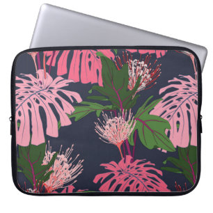 Housse Pour Ordinateur Portable Paume tropicale exotique vert et rose feuilles et