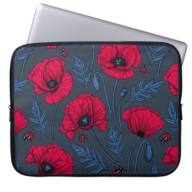 Housse Pour Ordinateur Portable Pavot rouge et coccinelle bleu foncé (Devant)