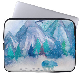 Housse Pour Ordinateur Portable Paysage de montagne d'hiver à l'aquarelle bleue