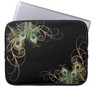 Housse Pour Ordinateur Portable Peacock moderne plumes Gold Swirl Nom