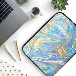 Housse Pour Ordinateur Portable Pearlescent Aqua & Gold Liquide Marbre & Monogramm