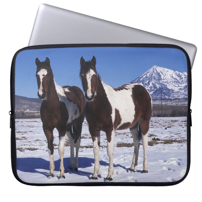Housse Pour Ordinateur Portable Peignez les chevaux se tenant dans la neige (Devant)