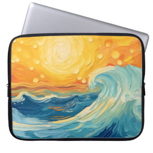 Housse Pour Ordinateur Portable Peinture à l'huile côtière Soleil et vagues