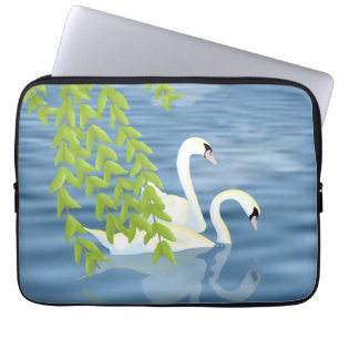 Housse Pour Ordinateur Portable Peinture Couple bleu et vert de cygnes sur le lac
