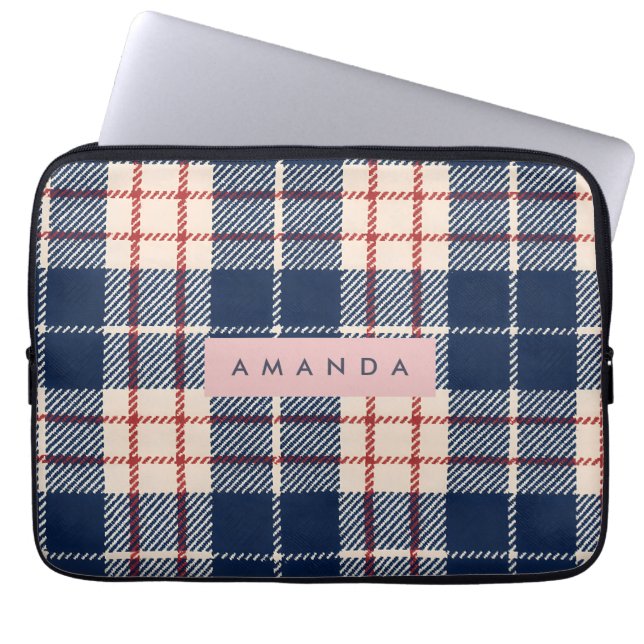 Housse Pour Ordinateur Portable Personnalisé Carreaux Navy et Rouge Classiques (Devant)