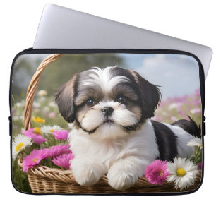 Housse Pour Ordinateur Portable Petite Tzu Chiot Panier Fleurs