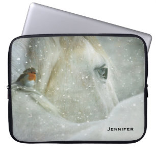 Housse Pour Ordinateur Portable Photo de White Horse and Bird en hiver
