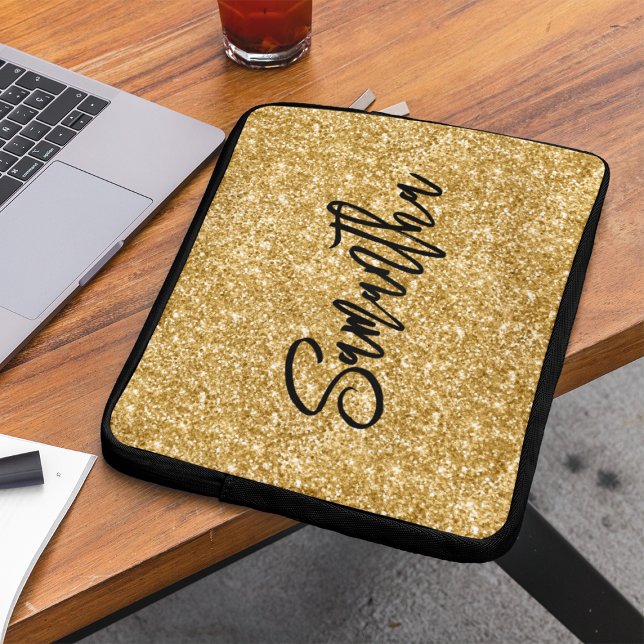 Housse Pour Ordinateur Portable Pinceau noir paillettes dorées Script (Créateur téléchargé)