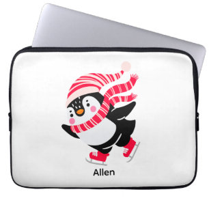 Housse Pour Ordinateur Portable Pingouin de Noël dans un Casquette et écharpe sur