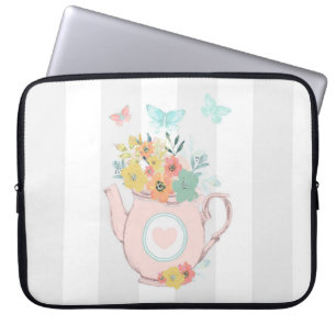 Housse Pour Ordinateur Portable Pink Teapot with Flowers & Butterflies