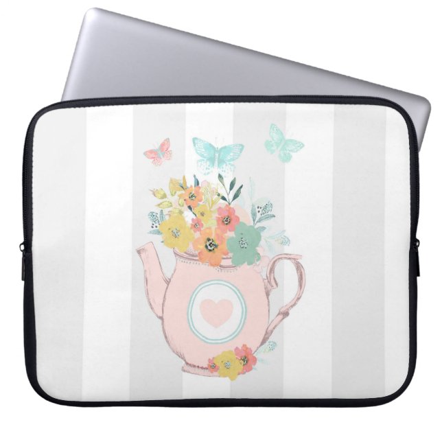 Housse Pour Ordinateur Portable Pink Teapot with Flowers & Butterflies (Devant)