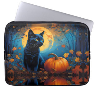 Housse Pour Ordinateur Portable Pleine lune Citrouille de Kitten noir Feuilles d'a