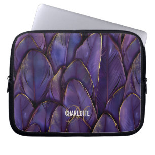 Housse Pour Ordinateur Portable Plumes de monogramme de nom or violet chic