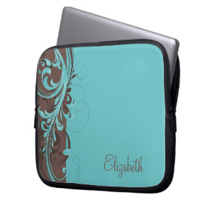 Housse Pour Ordinateur Portable Portable Aqua Blue Brown Floral personnalisé