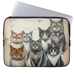 Housse Pour Ordinateur Portable Portrait de famille de chats d'inspiration vintage