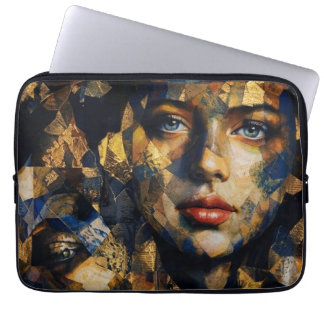 Housse Pour Ordinateur Portable Portrait de femme élégant en mosaïque or et bleu -